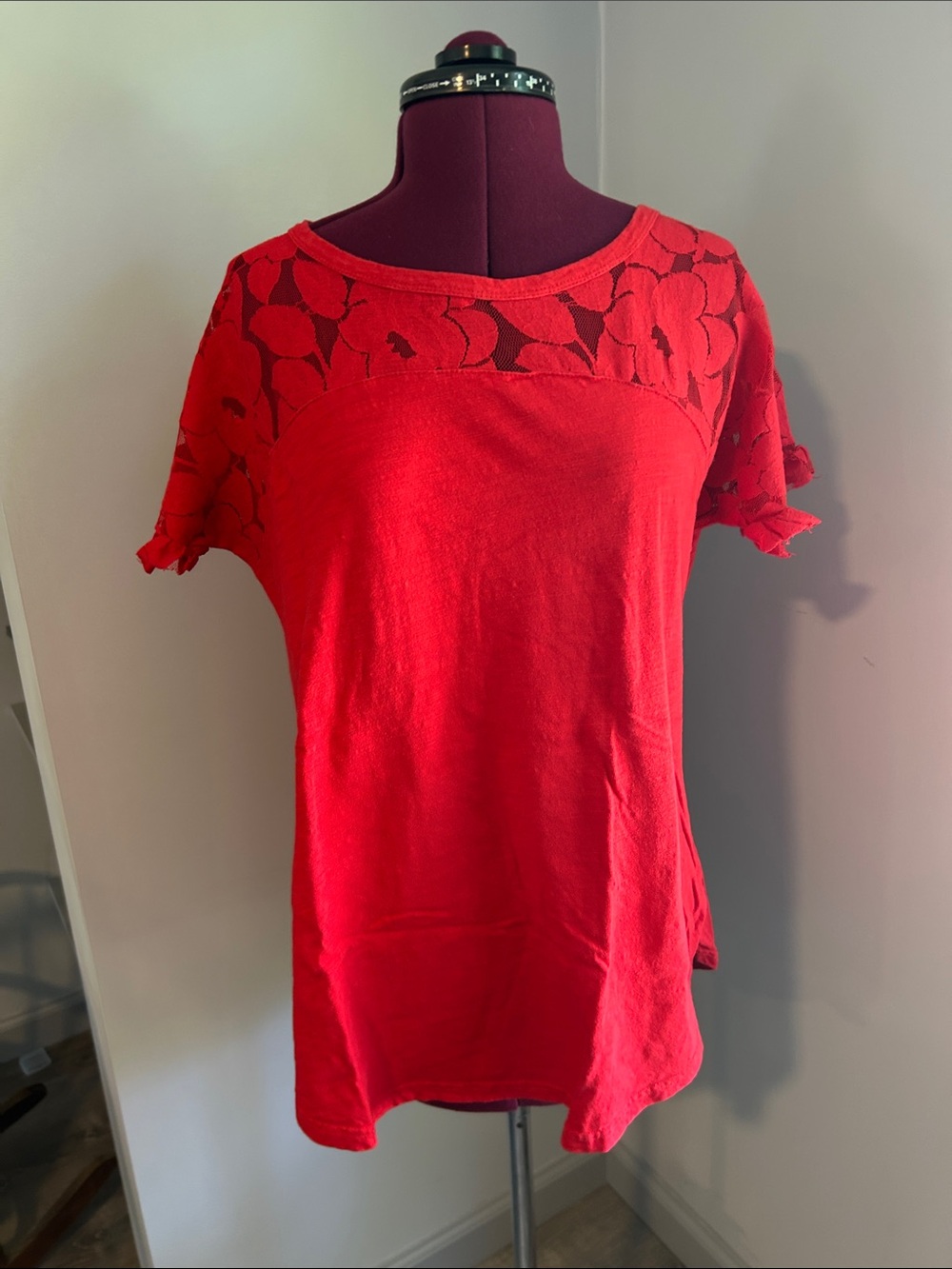Suzanne Betro Red Short Sleeve Lace Yoke Top